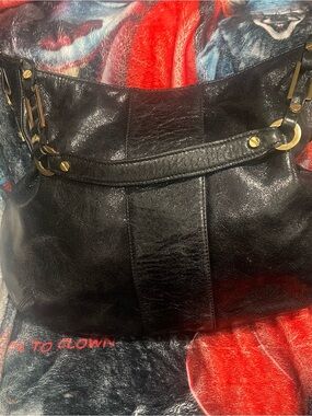 Tory Burch Nico Black Cracked Leather Hobo Bag with Gold Logo & Hardware